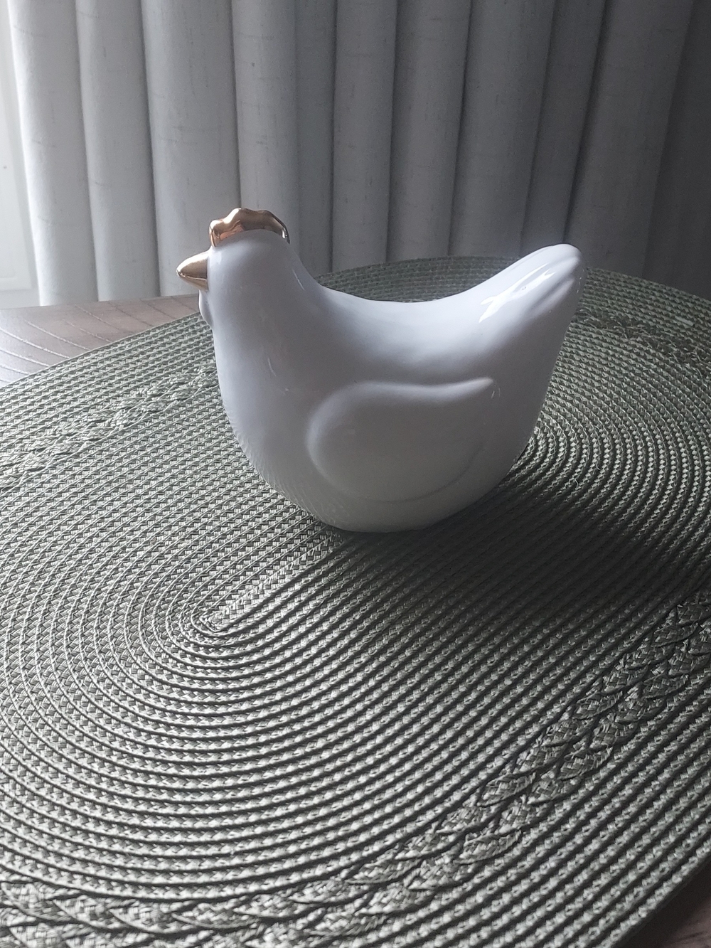 White Ceramic Hen Figurine with Gold Accents